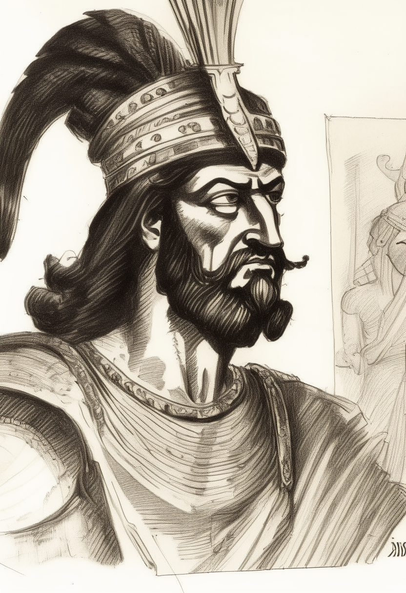 Despite some negative historical views, Xerxes' influence as Persian ruler during the Greco-Persian Wars and on the Achaemenid Empire remains greatly impactful, though controversial, black ink sketch