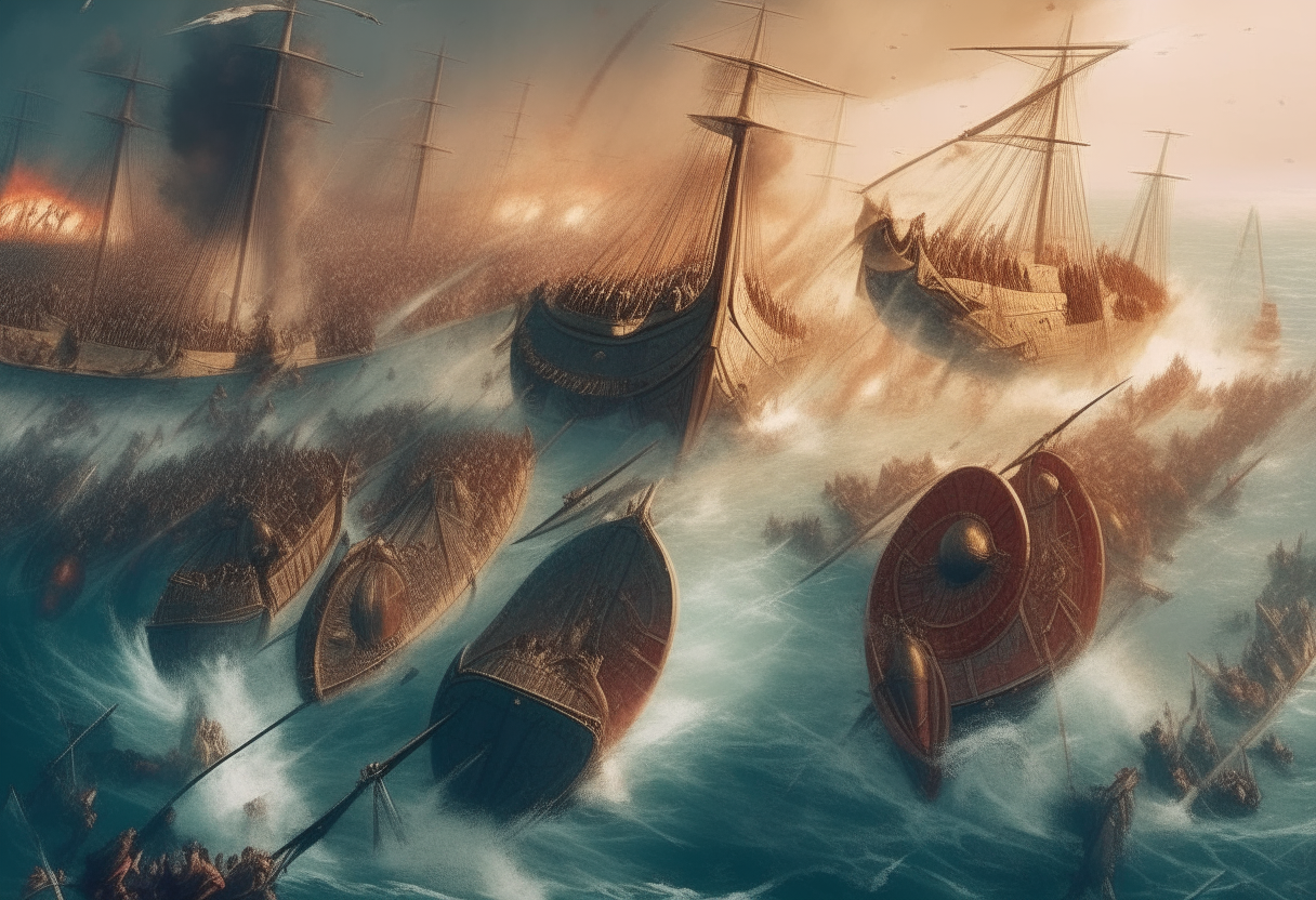 An intense naval battle between the Greek and Persian fleets during the Greco-Persian Wars, ships ramming each other as warriors fight amidst the chaos, digital art painting