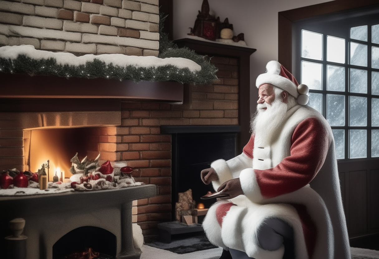 Papá Noel entregando regalos frente a una acogedora chimenea, con nieve cayendo suavemente frente a una casa