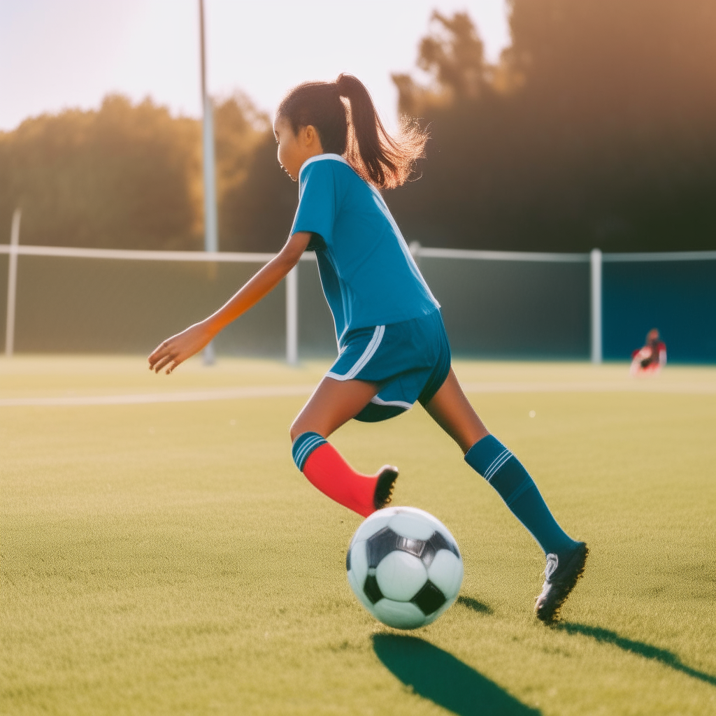 A girl kicking a soccer ball towards the goal on a grass field