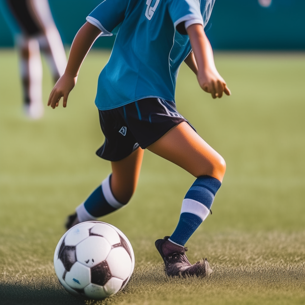 A close-up photo of a girl dribbling a soccer ball down the field