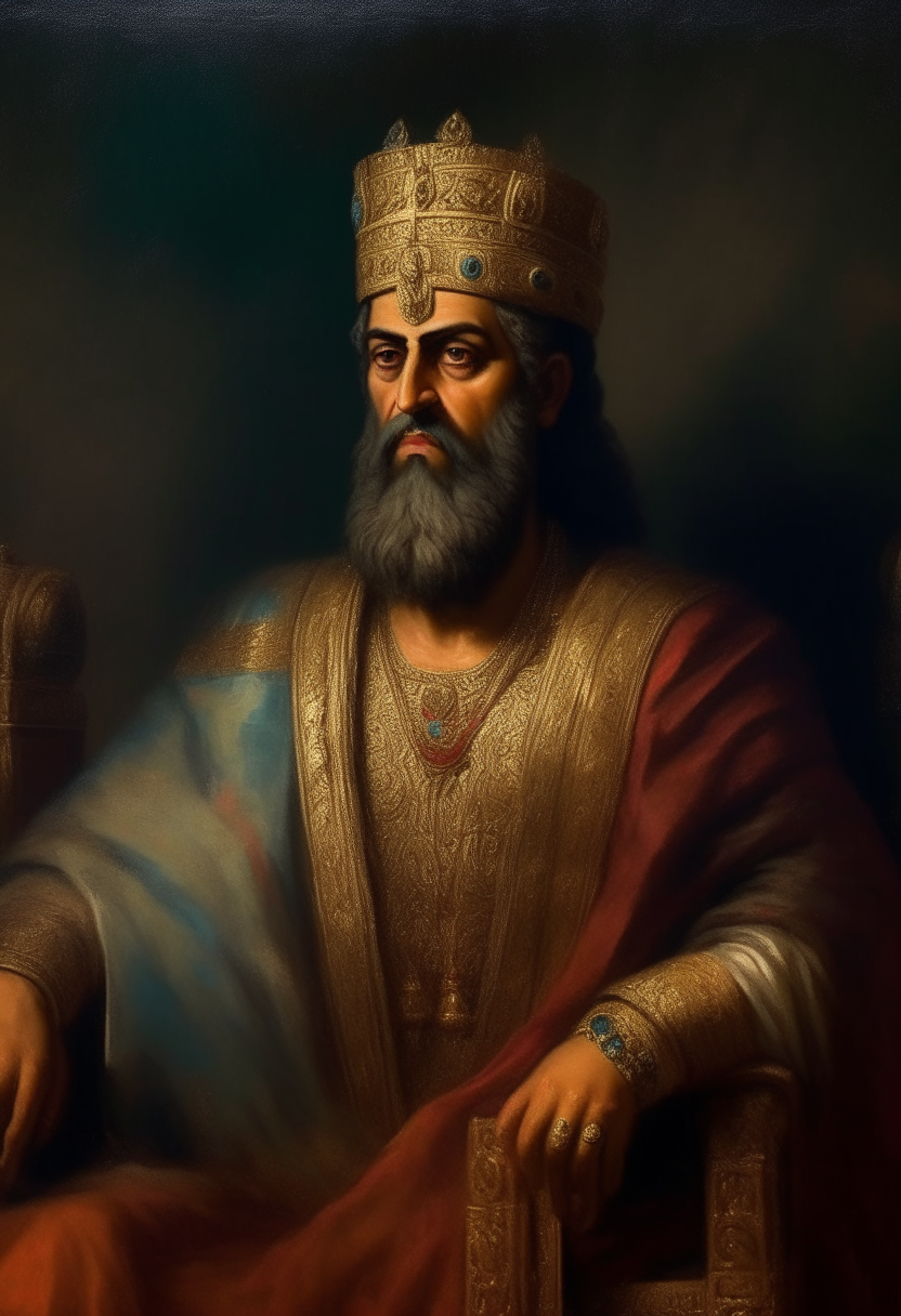 Darius the Great, distinguished emperor of the Persian Achaemenid Empire before Xerxes, wearing royal robes and crown, oil painting portrait
