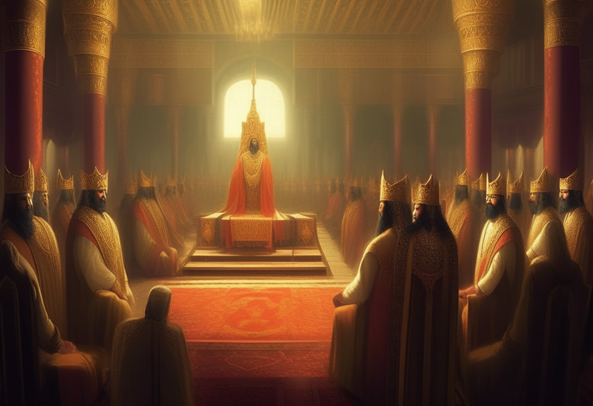 The grand coronation ceremony for Xerxes I as he becomes the new Persian King in 486 BC, with priests and nobles looking on in a palace throne room, digital art painting
