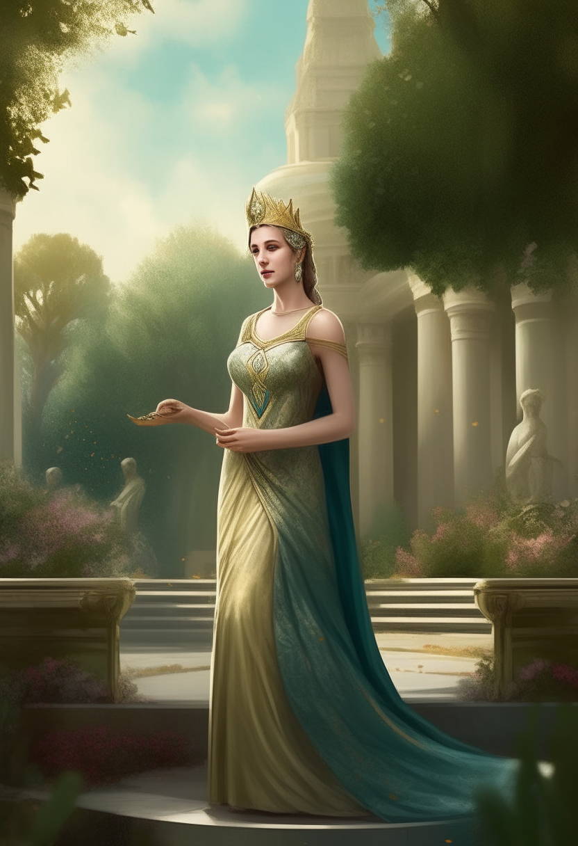 Atossa, beautiful wife of Xerxes I wearing an elegant gown and crown, posing gracefully in a palace garden, digital art painting