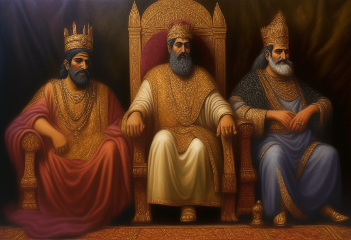Darius, Artaxerxes, and Cyrus - the 3 sons in line to inherit Xerxes I's throne, wearing Persian royal attire, oil painting portrait