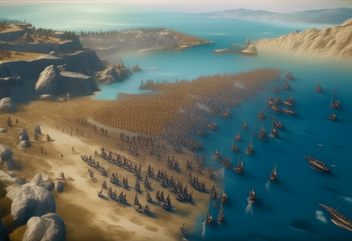 Thousands of Persian infantry, cavalry, chariots and navy ships amassed on land and sea as Xerxes I's military might heads to war in 480 BC Greece invasion, drone view digital painting