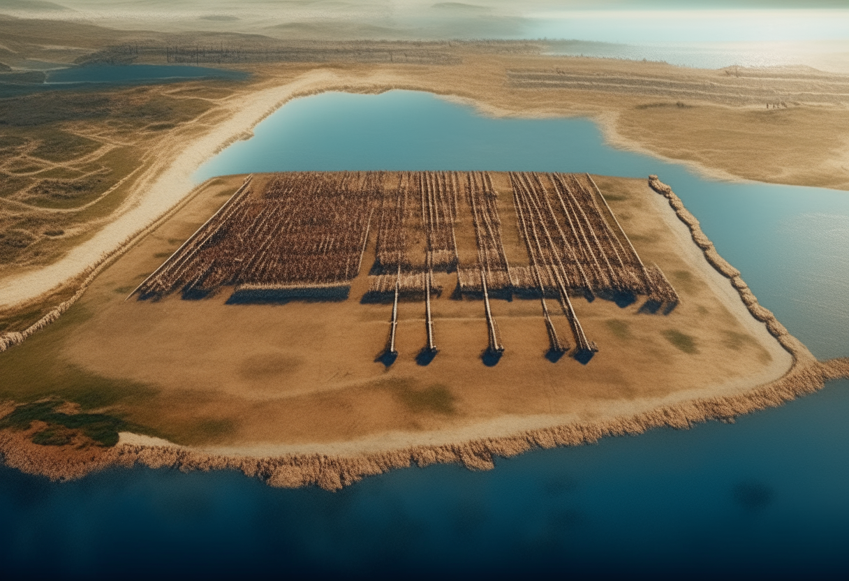 Aerial view of Xerxes massive military power invading Greece in 480 BC, hundreds of thousands of Persian soldiers and ships arranged in perfect square formations across fields and ocean