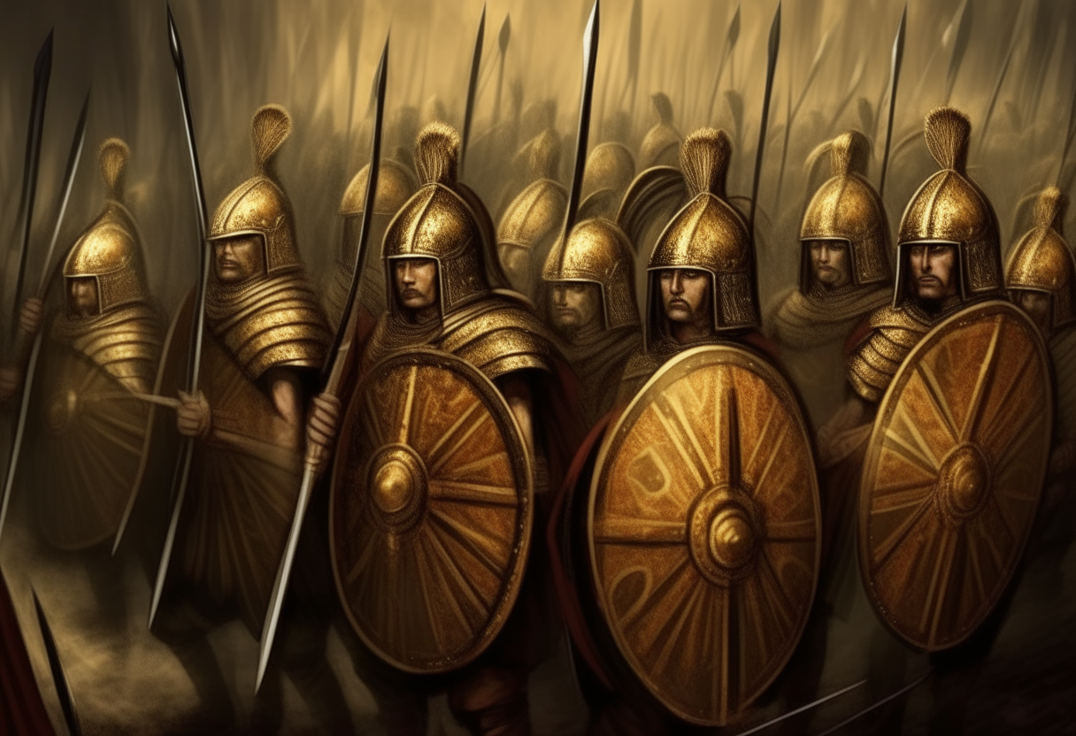 A battalion of heavily armored Persian infantry at attention, spears and shields ready, focused expressions under golden helmets, digital painting