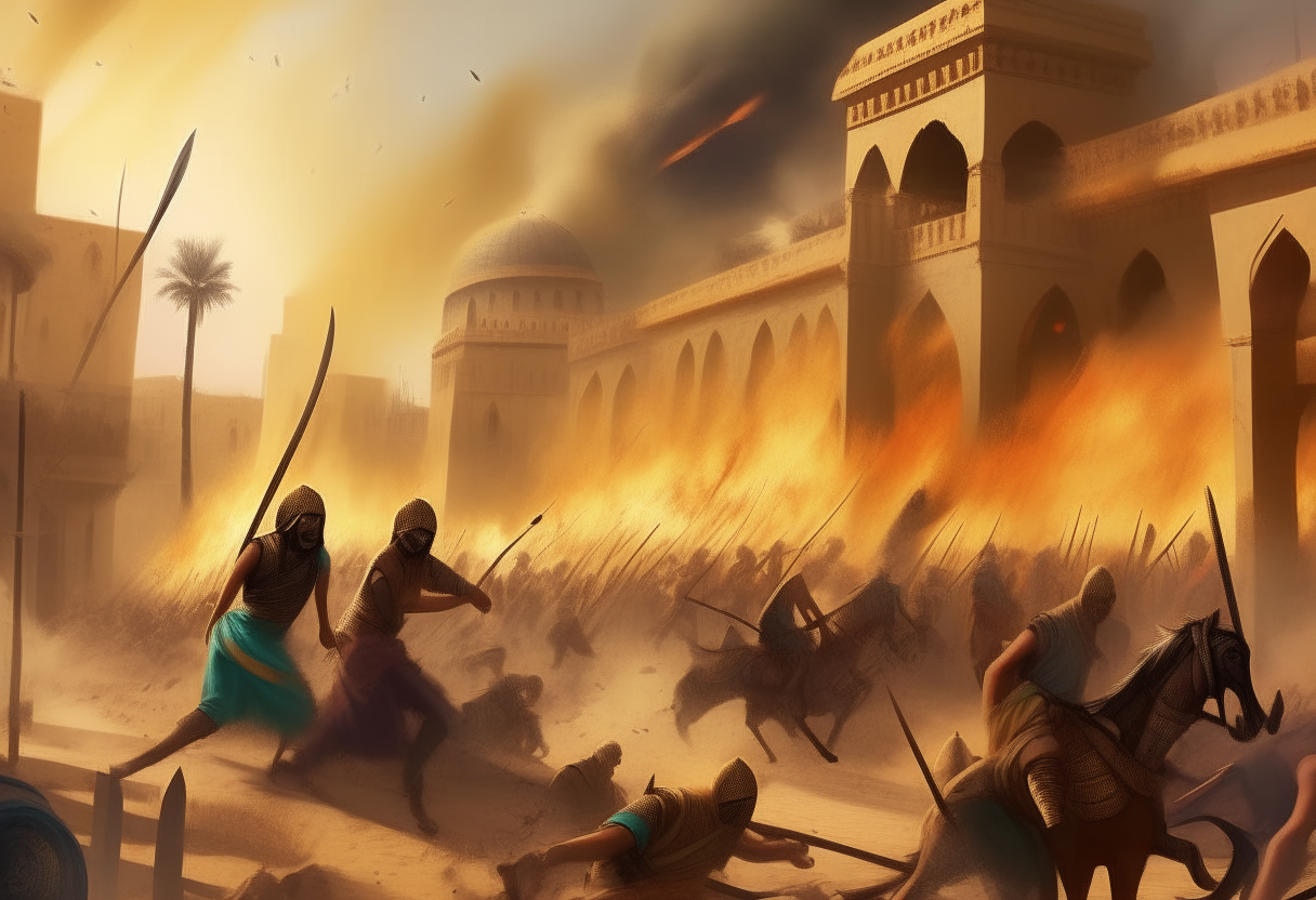 An intense battle scene as Egyptian rebels clash with Persian occupiers on the streets of an ancient Egyptian city, with buildings burning in the background, digital painting