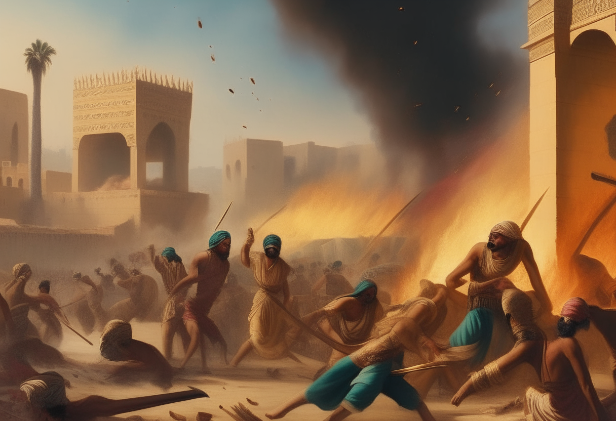 An intense battle scene as Egyptian rebels clash with Persian occupiers on the streets of an ancient Egyptian city, with buildings burning in the background, mixing with the style of a painting of two men fighting