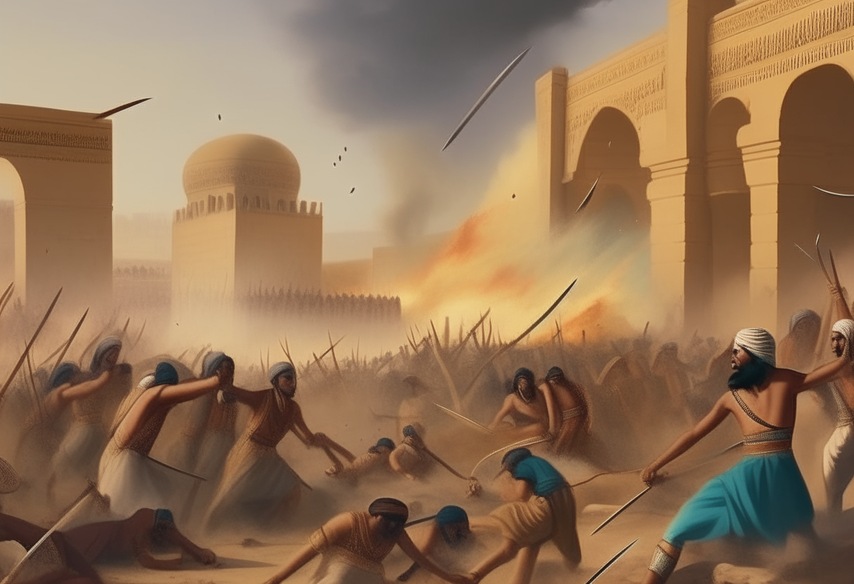 Battle scene of Egyptian rebels fighting Persian occupiers in an ancient city, mixing styles of a painting of two men fighting and a group fighting in the desert
