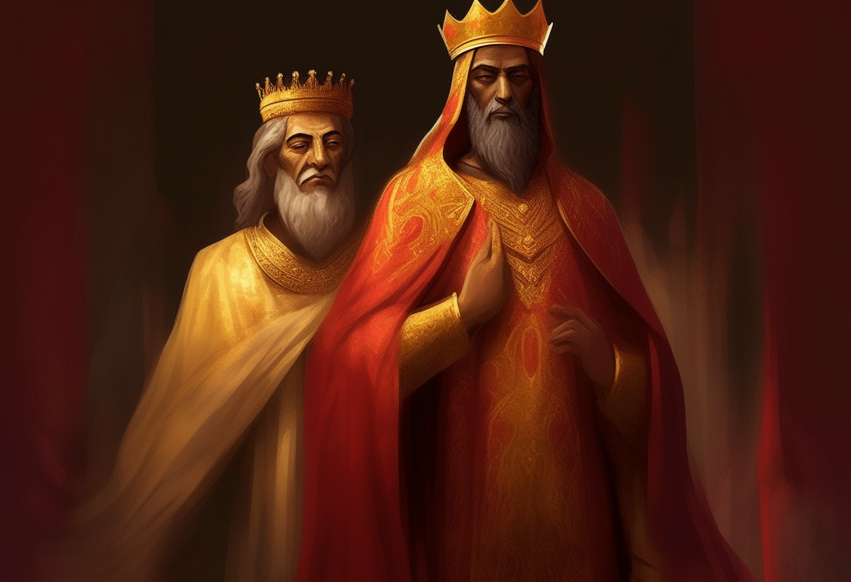 Xerxes I of Persia standing in royal robes next to his fictional brother Darius, who wears a golden crown and red cape, digital painting portrait