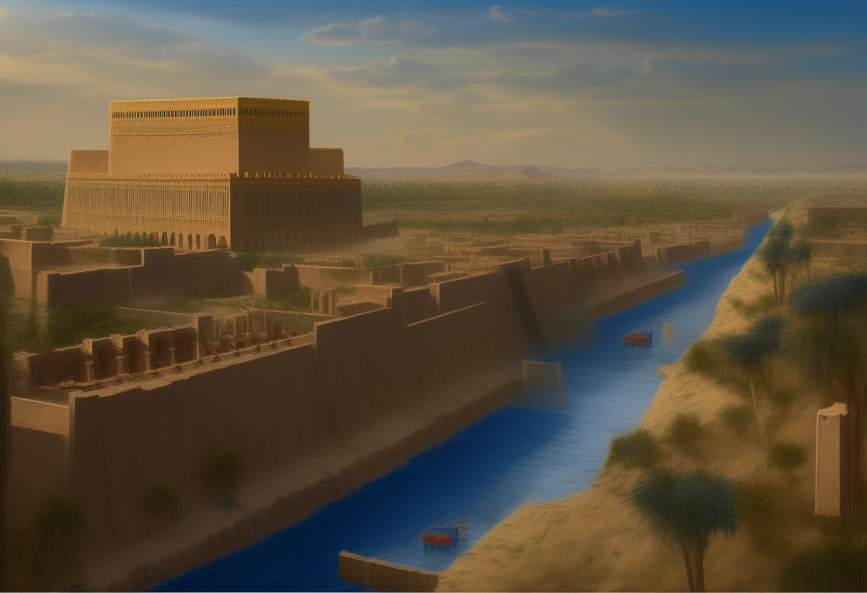 A wide view of the grand city of Babylon in 480 BC, with the Euphrates River flowing through, the towering Ishtar Gate entrance in the foreground, digital painting