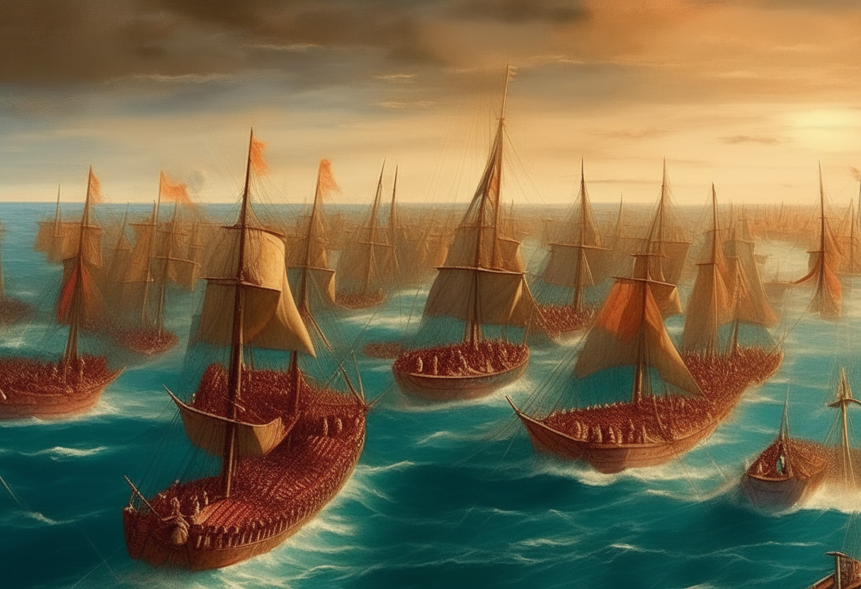 An armada of hundreds of Persian ships sailing the Aegean Sea towards Greece in 480 BC invasion, vessels with colorful sails fill the horizon, digital painting