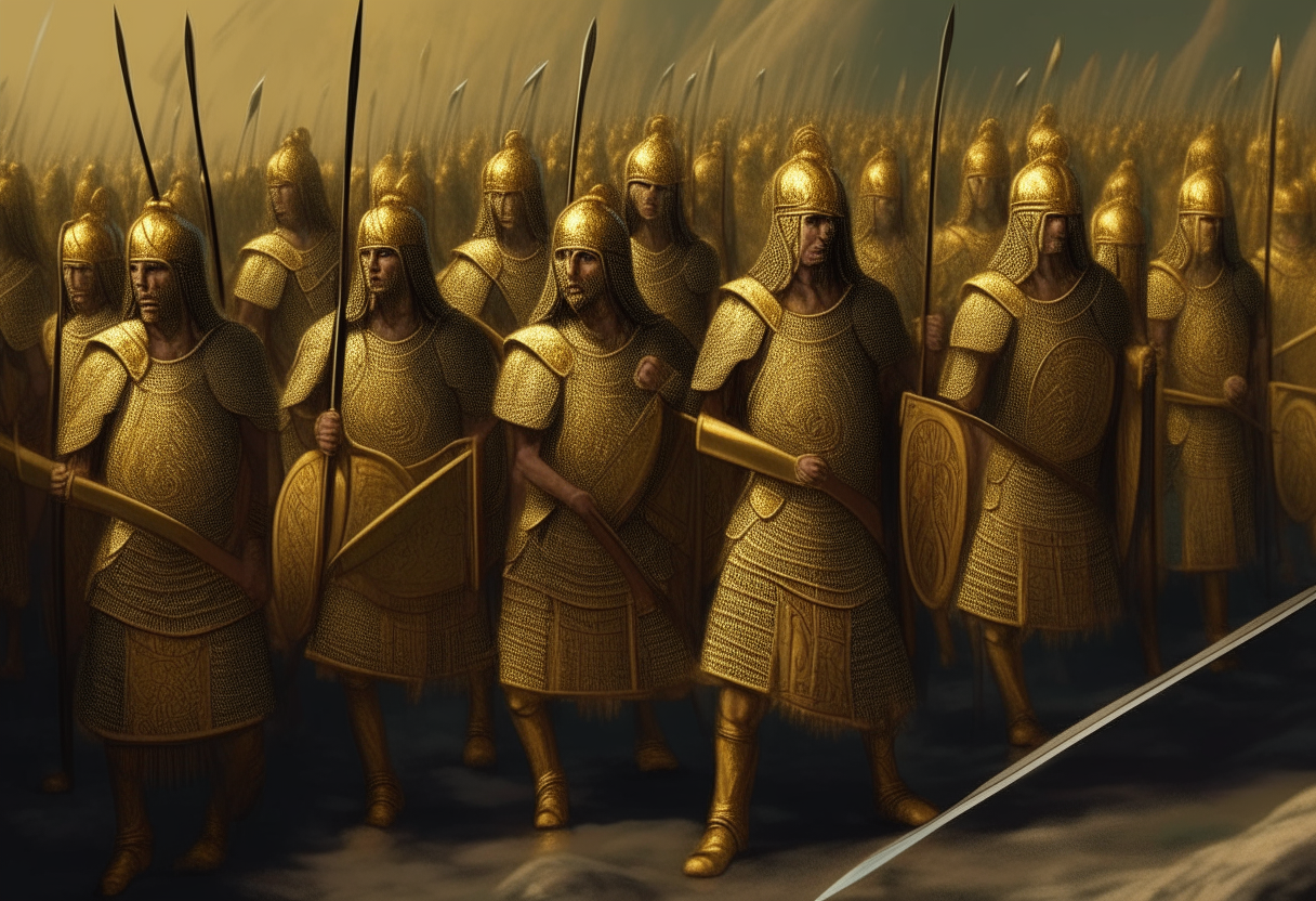 The 10,000 Immortals, elite Persian infantry wearing golden armor and carrying spears, arranged in tight phalanx formation, digital painting