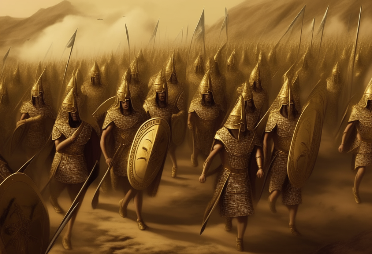 The 10,000 Immortals of Xerxes' Persian army marching forward, wearing frightening golden masks and carrying large shields, spears and swords, digital painting