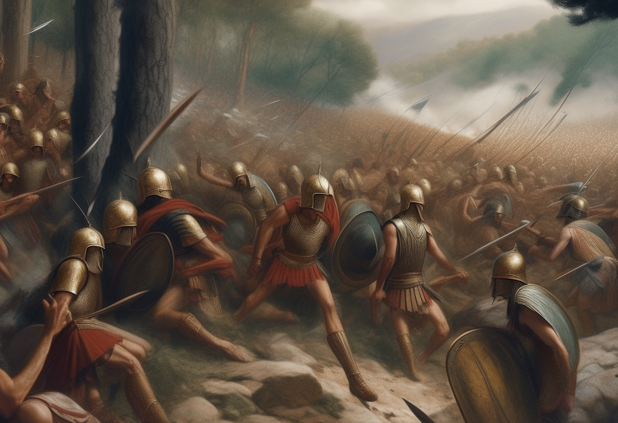 The 10,000 Immortals engaged in intense hand to hand combat with Greek soldiers at the narrow pass of Thermopylae in 480 BC, digital painting