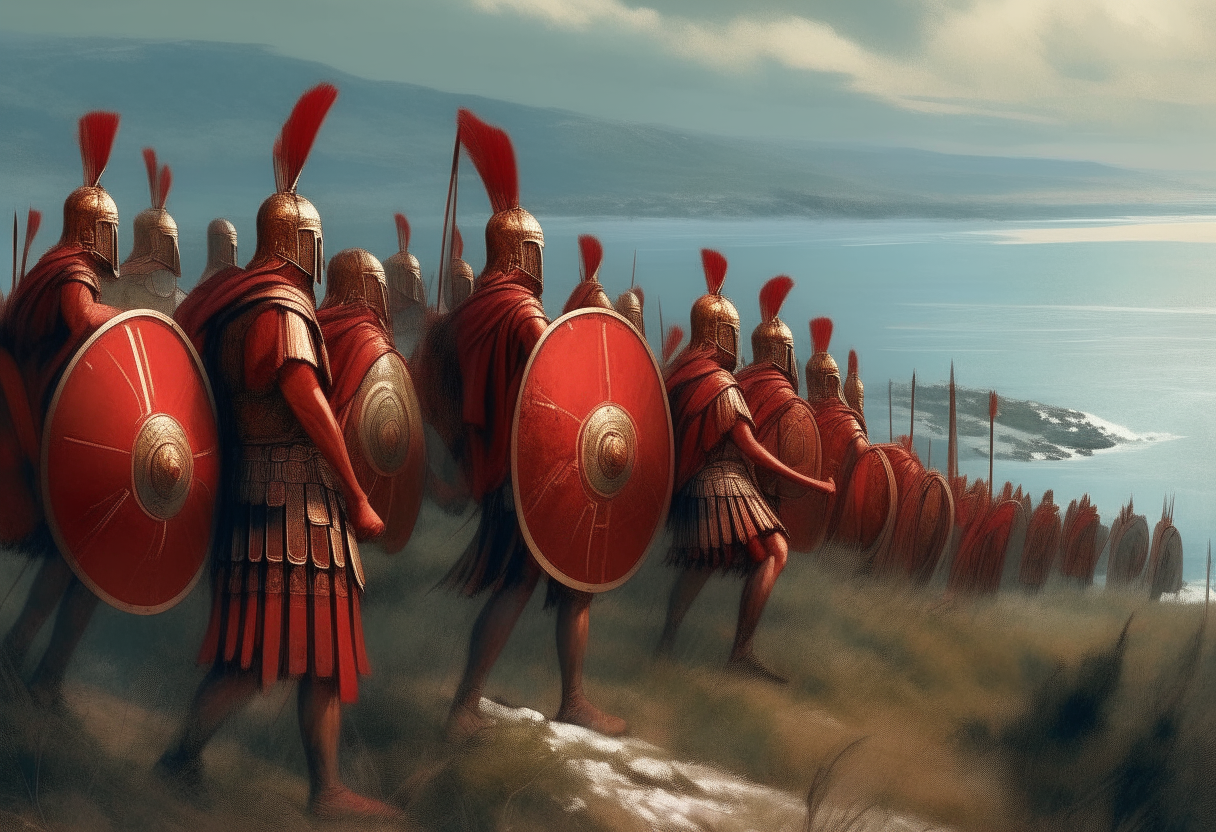 A phalanx of Greek hoplite soldiers in bronze armor and red capes, holding large shields and long spears, arranged on a hillside overlooking the sea, digital painting