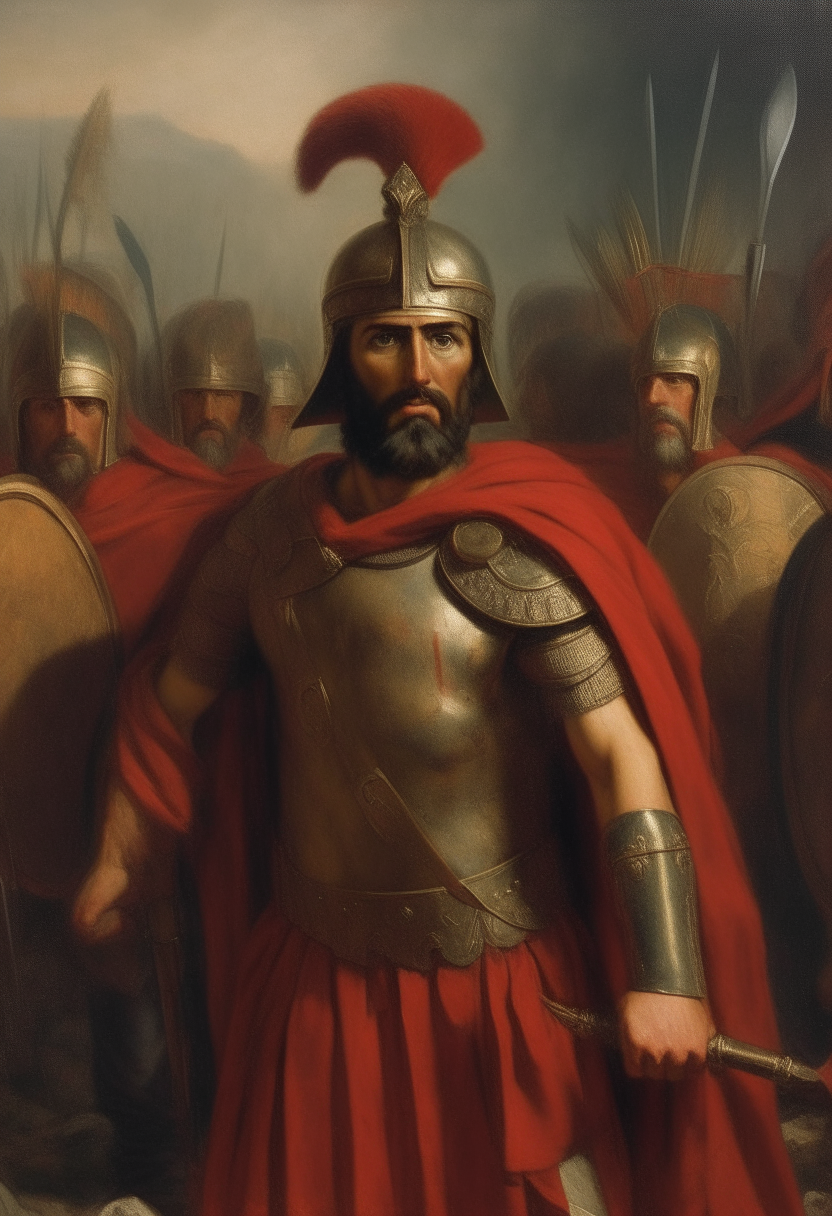 An oil painting portrait of King Leonidas in armor, red cape and crown, heroic determined expression, standing with soldiers at the Battle of Thermopylae in 480 BC