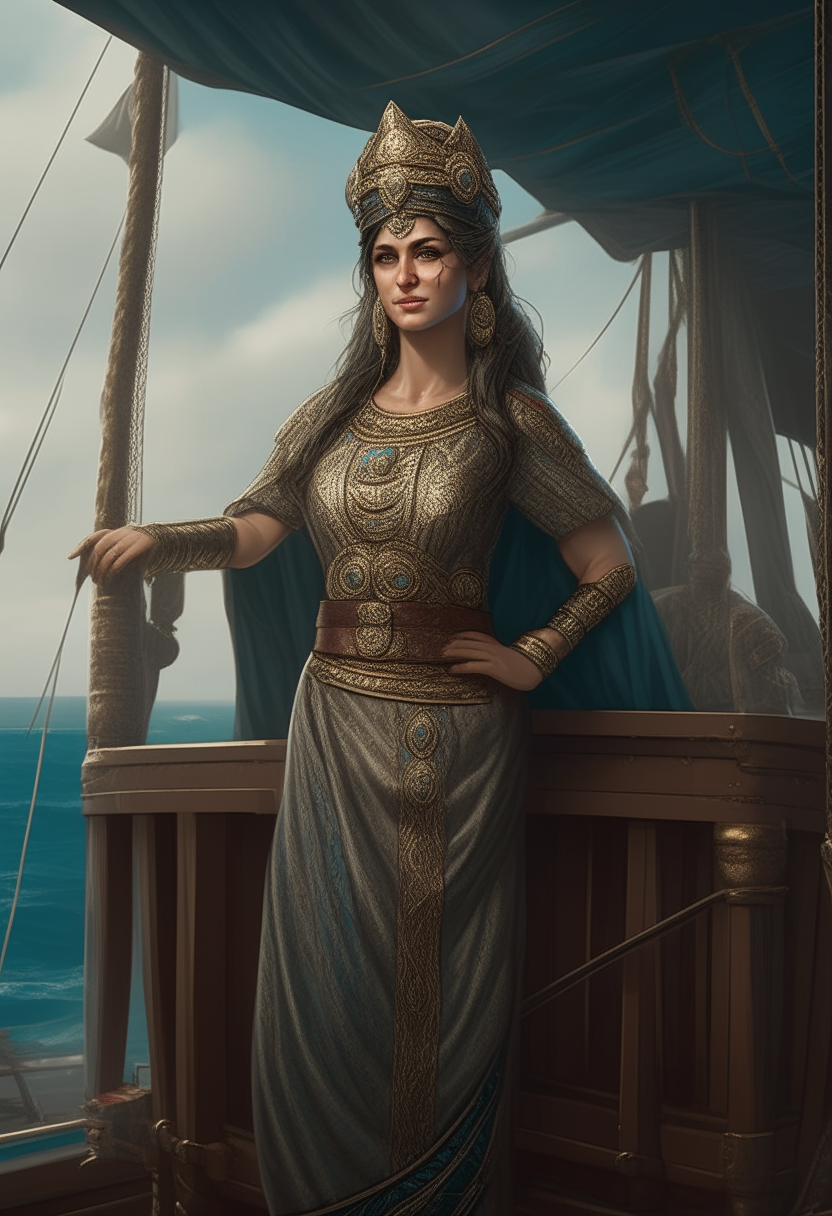 Artemisia I of Caria, female Persian ally naval commander wearing an ornate dress and crown, standing heroically on the deck of her trireme warship, digital painting portrait