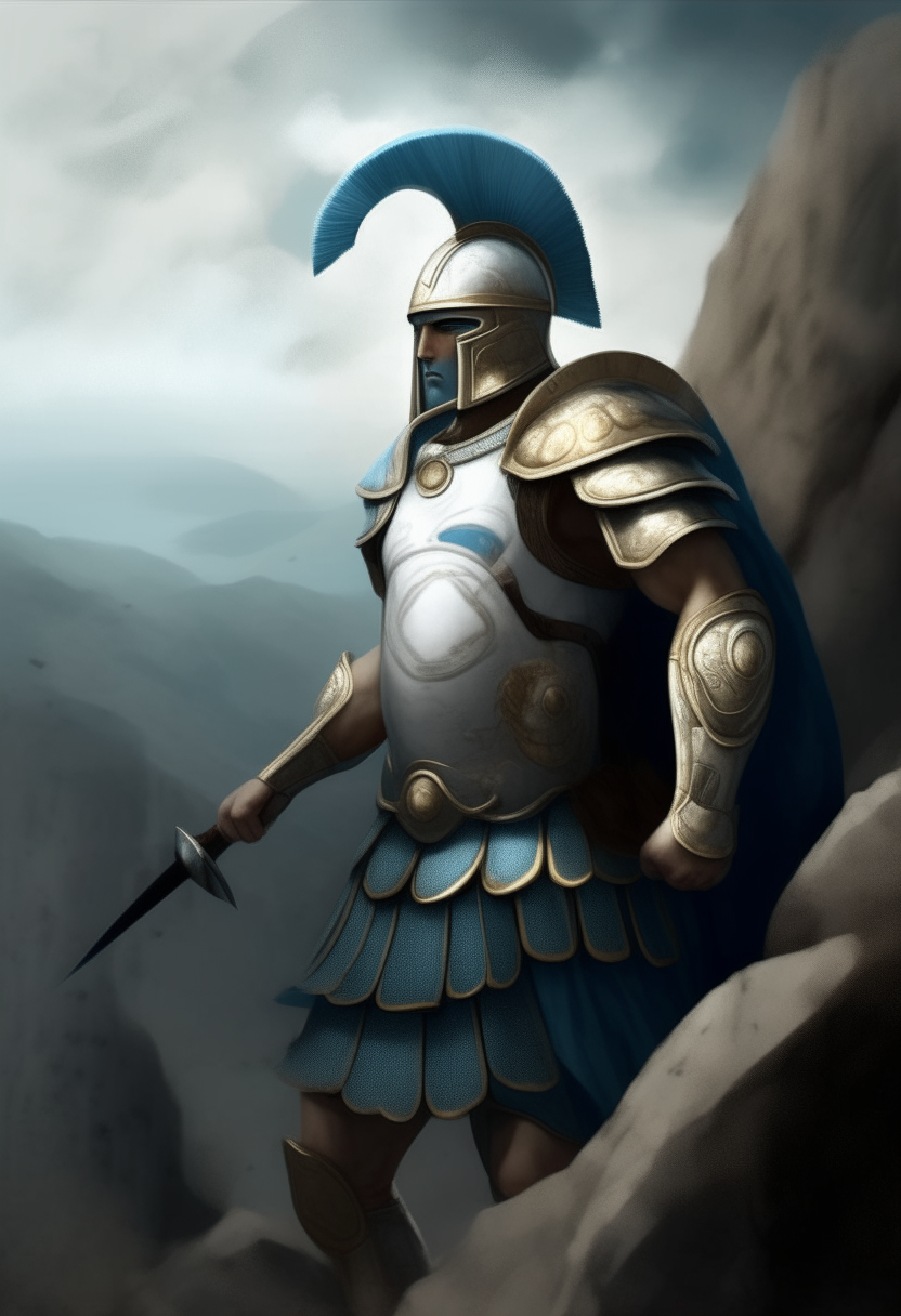 An Athenian general wearing a blue and white Spartan-style armor breastplate and helmet, holding a spear and shield, posing heroically on a rocky cliff, digital painting portrait