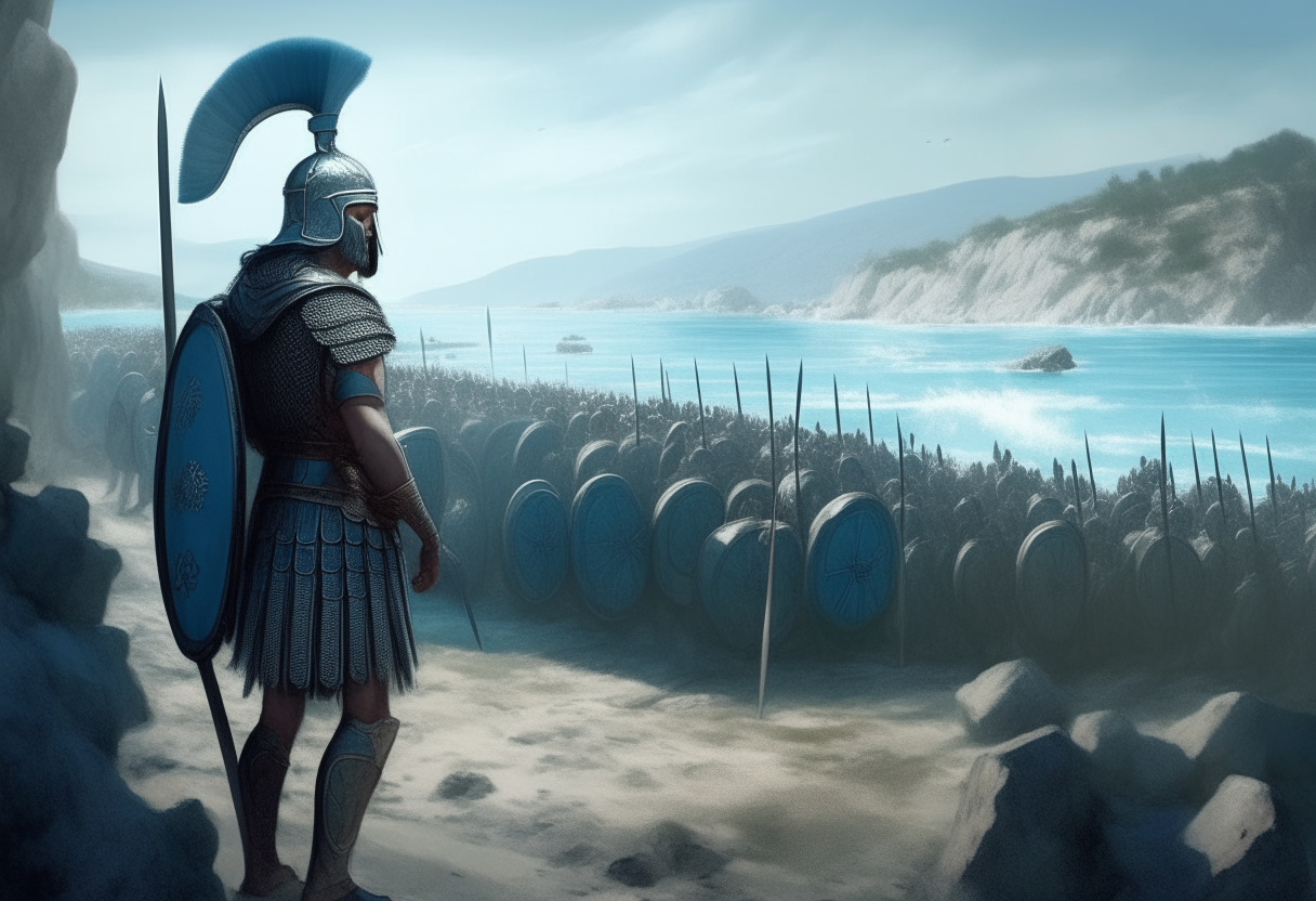 The Athenian general in blue and white armor standing heroically before rows of Greek hoplite soldiers holding spears and shields on a rocky coastline, all facing the sea, digital painting
