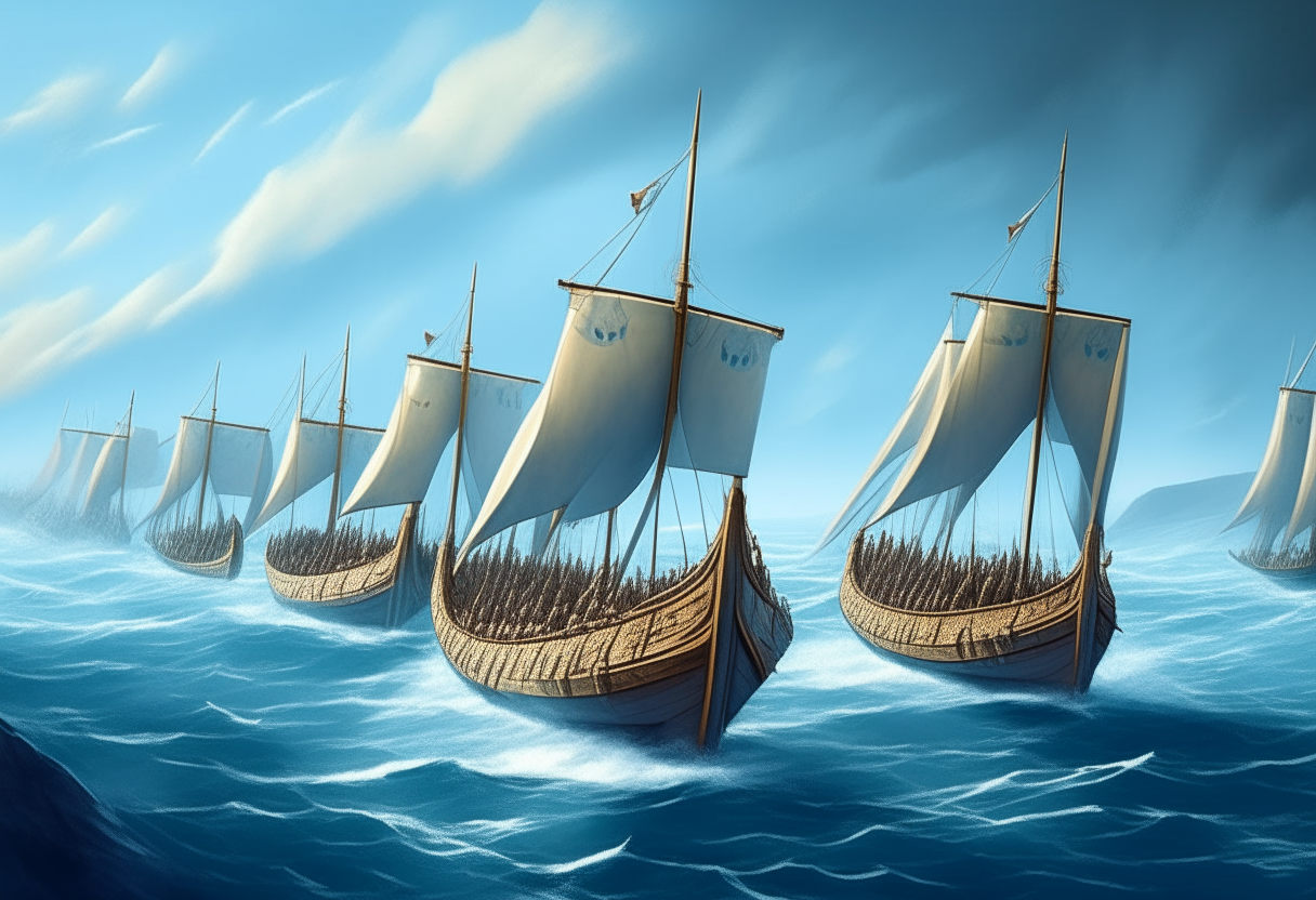 A fleet of trireme Greek navy ships sailing together across blue ocean waters towards the horizon, white sails billowing, digital painting