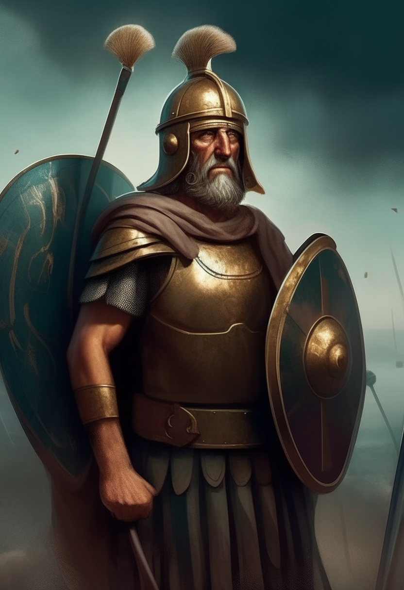 Themistocles, distinguished Athenian statesman and general, wearing battle armor and holding shield, standing heroically overlooking navy fleet, digital painting portrait