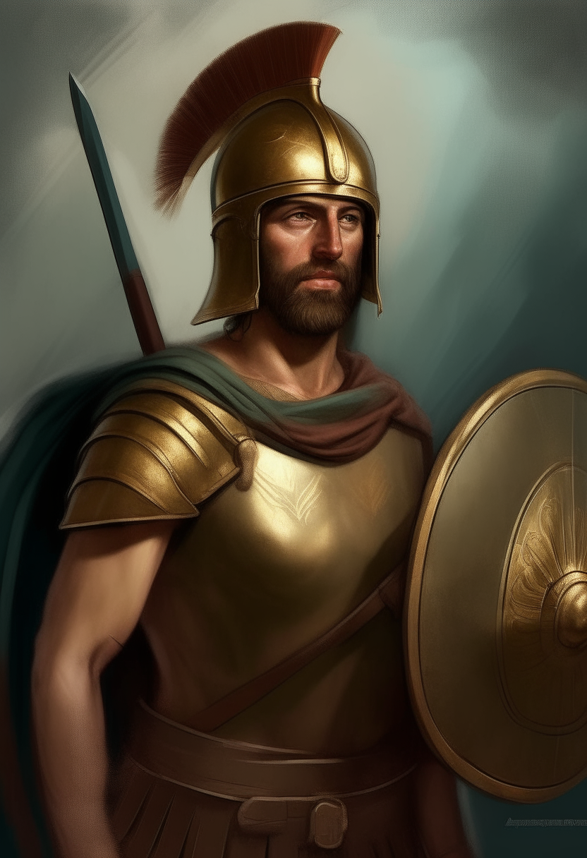 Themistocles as a young man, future Athenian general and statesman, wearing a simple tunic, holding shield and spear, portrait digital painting