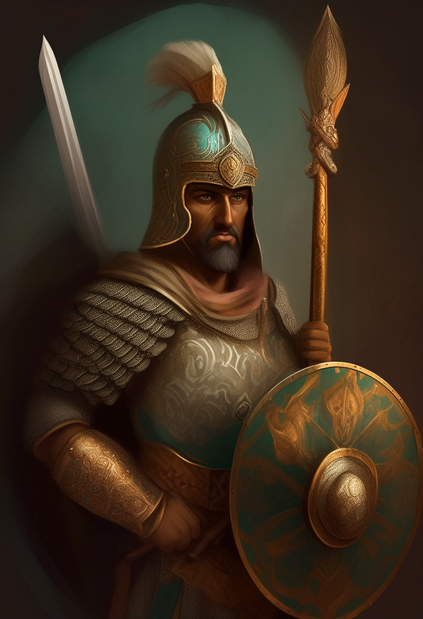 Mardonius, fictional cousin of Xerxes I wearing ornate Persian armor and crown, posing heroically holding a spear and shield, digital painting portrait