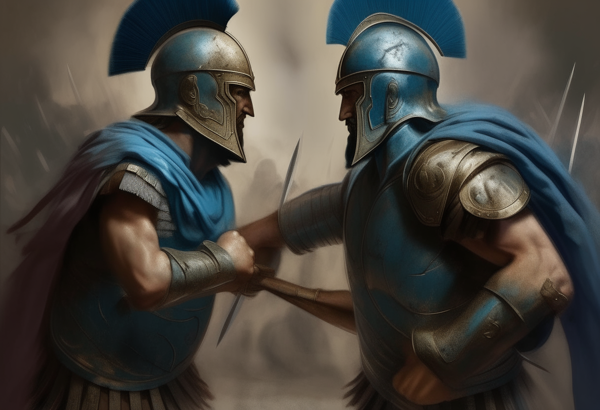 The Athenian general in blue armor and the Spartan general Leonidas, clasping forearms in comradery as they cement an alliance before the vast Persian invasion, digital painting