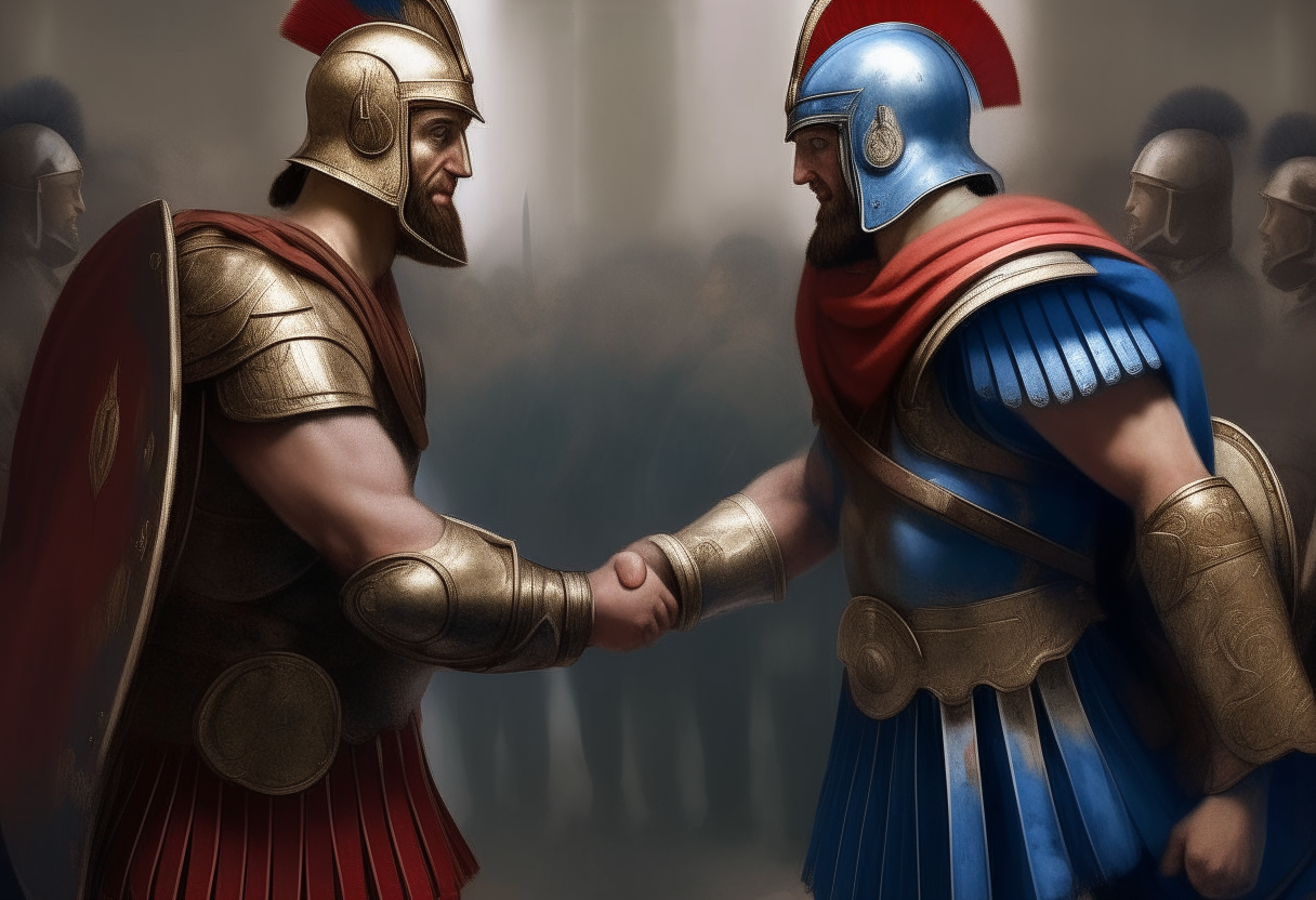 The Athenian general wearing blue and white armor shaking hands with the red and black armored Spartan general Leonidas, forging an alliance before invasion, digital painting