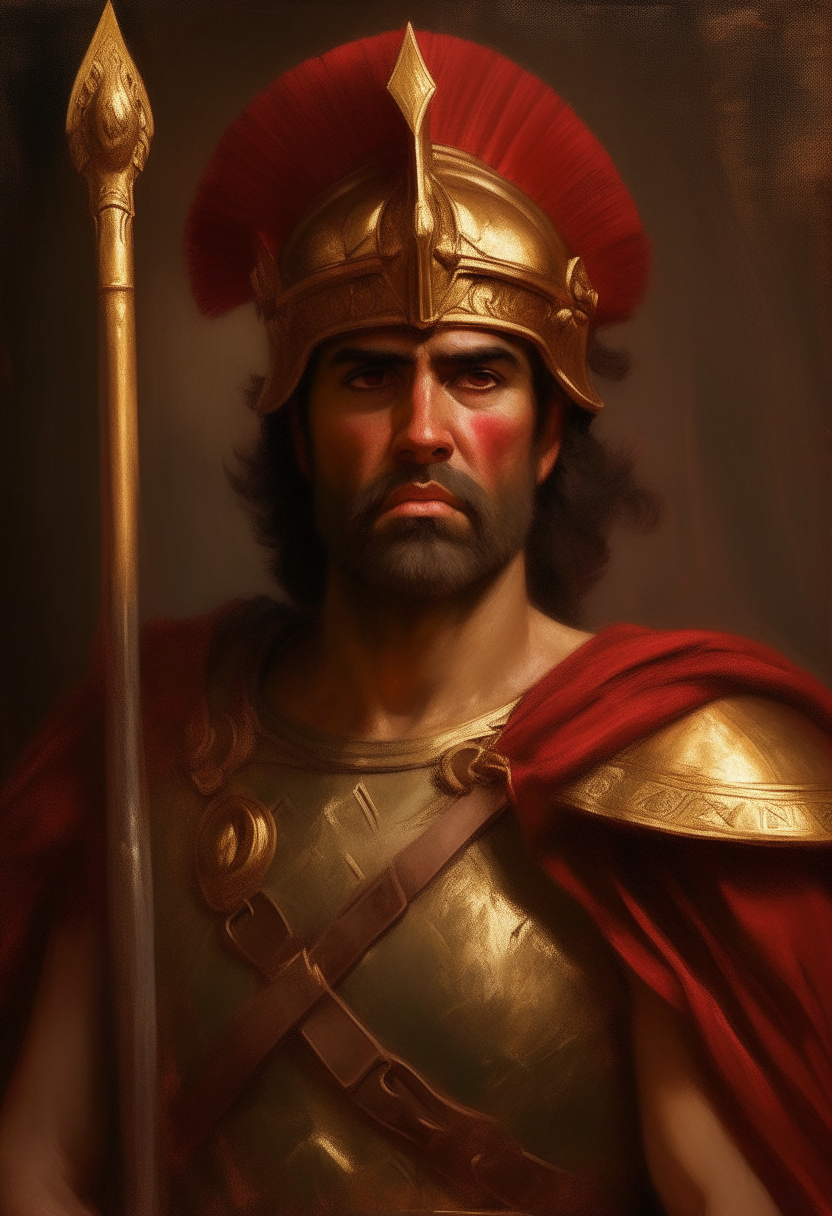 An oil painting portrait of the red-caped Spartan regent King Pausanias wearing a golden crown and breastplate, holding a spear, determined expression, digital painting