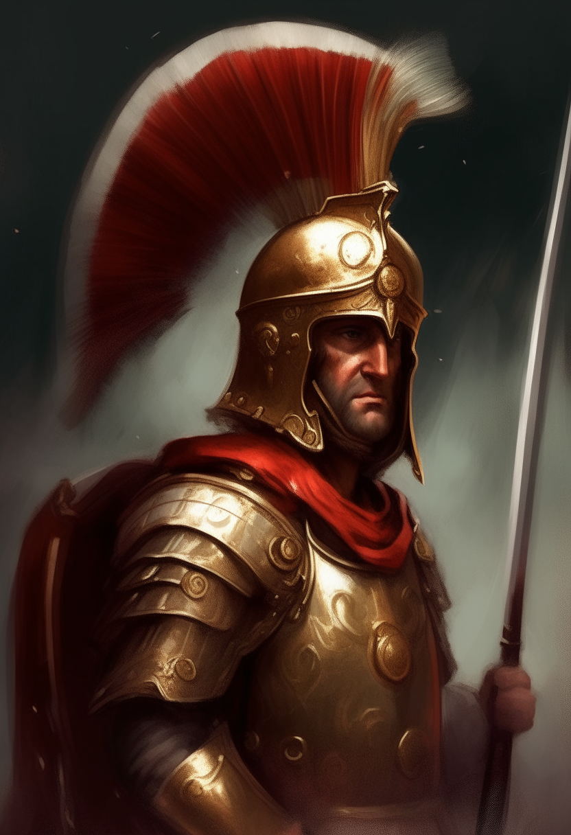 A distinguished Greek general wearing an ornate suit of armor, red cape and plumed helmet, holding a spear and shield, digital painting portrait