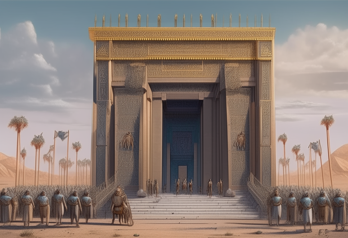 The towering Gate of All Nations entrance to the city of Persepolis, with ornate carvings of Persian soldiers and royals, digital painting