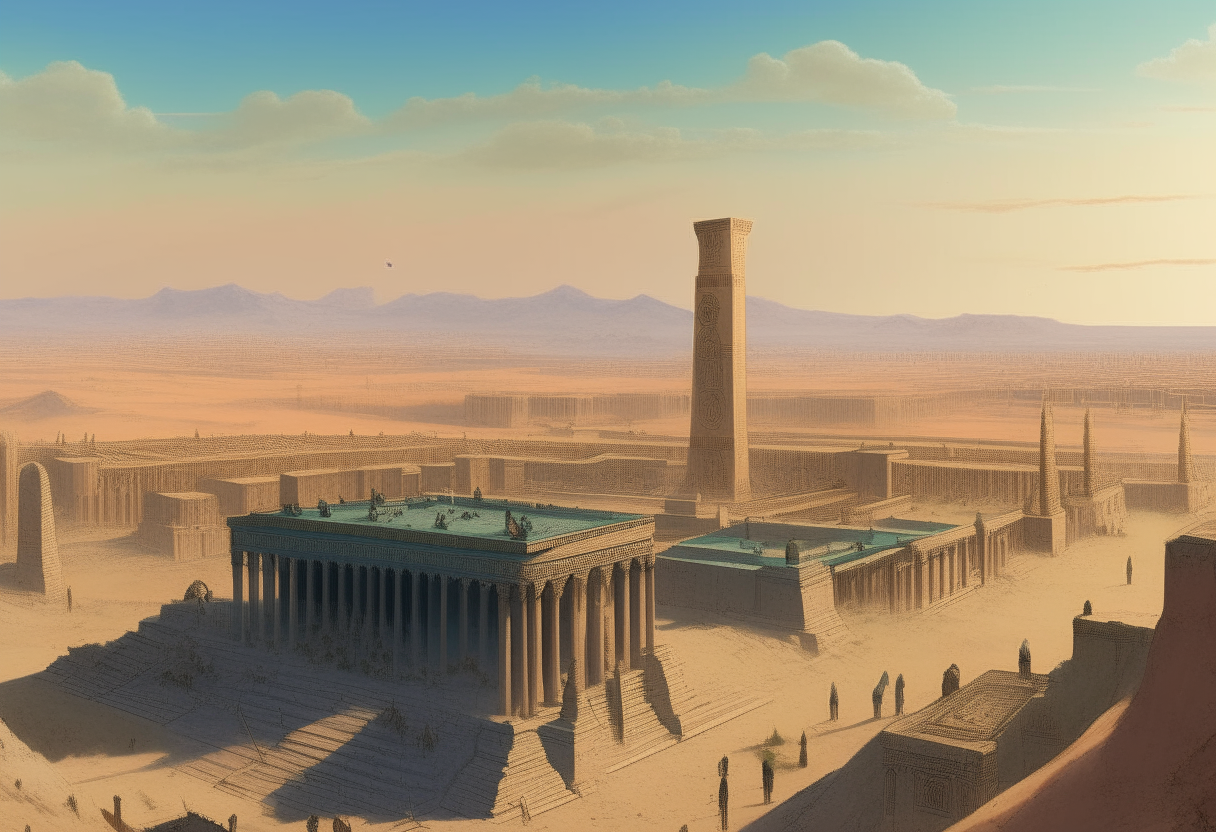 A wide panoramic view of the grand city of Persepolis in 480 BC, with palaces, towering columns, stone staircases and statues filling the landscape, digital painting
