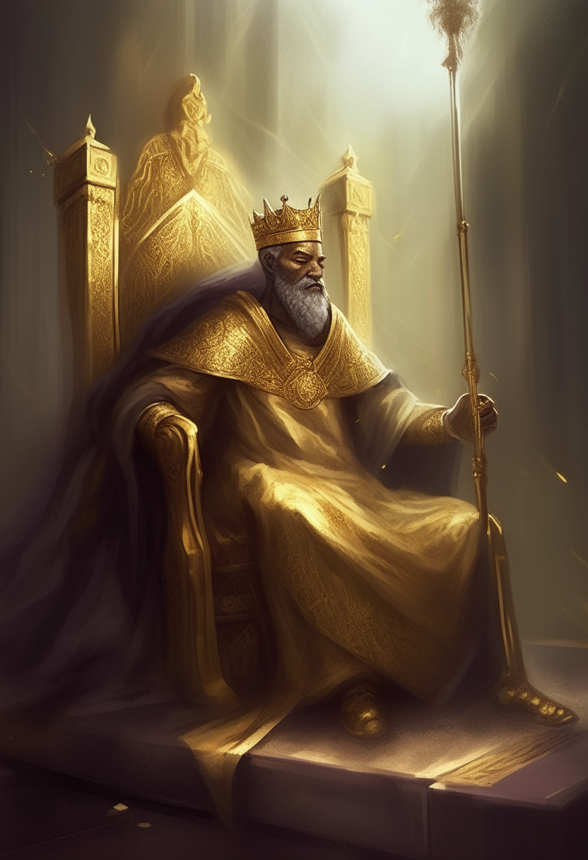 Xerxes I, King of Persia, slumped lifelessly on his ornate golden throne, wearing his royal robes and crown, spear fallen on the floor, digital painting portrait