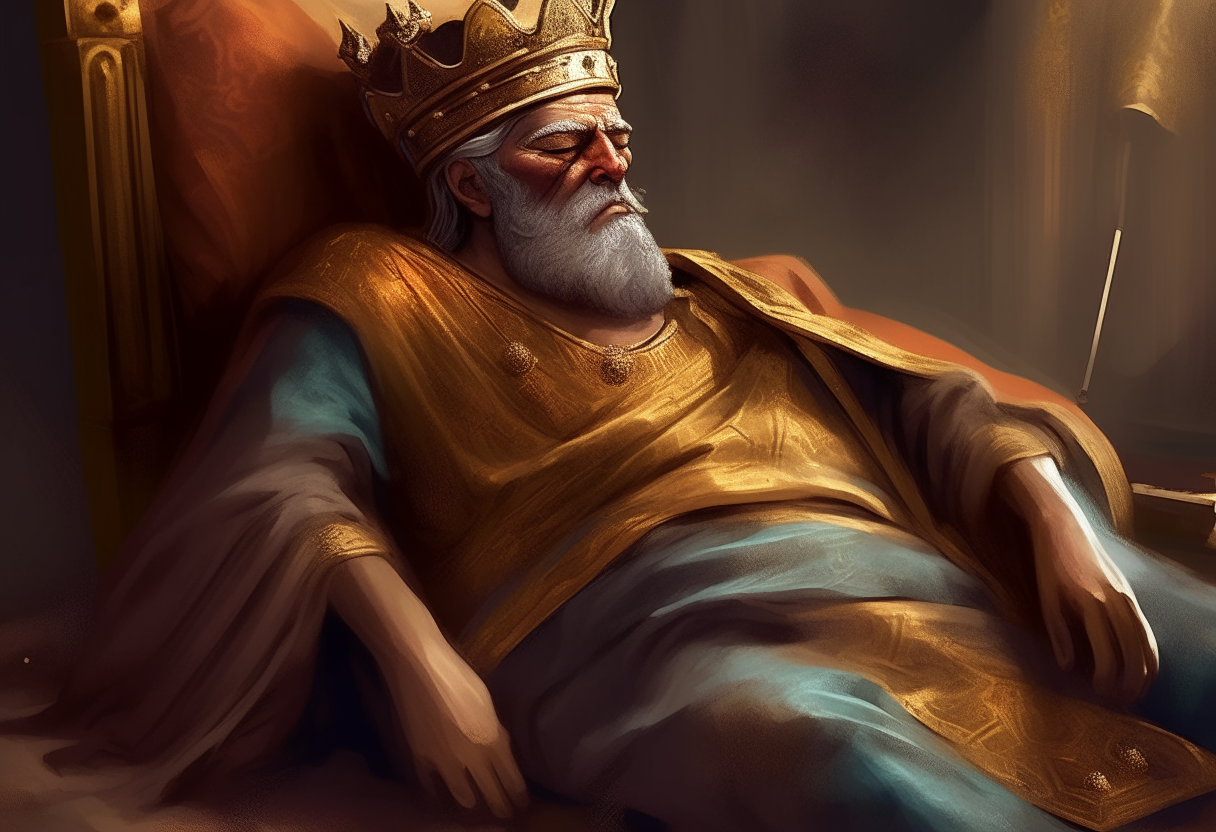 Xerxes I, King of Persia, lying motionless on the ground in his royal robes, crown fallen, eyes closed, spear and shield beside him, digital painting