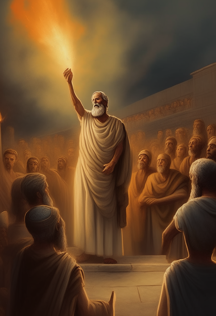 Herodotus, ancient Greek historian, gesturing dramatically as he recounts the tale of King Xerxes' invasion of Greece to a gathered crowd, torch-lit stone hall, digital painting portrait