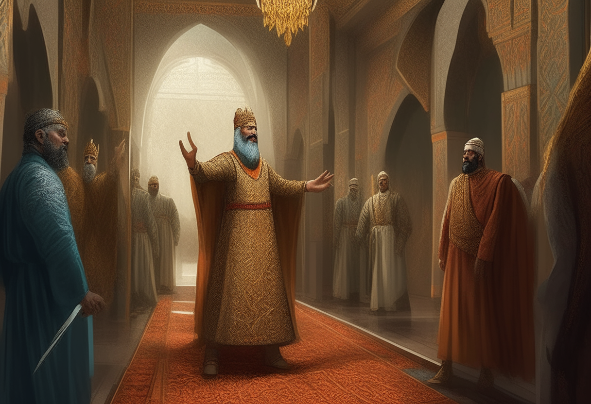 The new Persian King Artaxerxes angrily pointing at a general being dragged away by royal guards in an ornate throne room hallway, digital painting