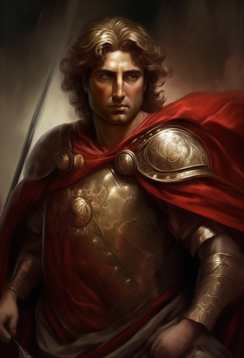 Alexander the Great wearing an ornate suit of armor and red cloak, holding a spear and shield, heroic expression on his face, digital painting portrait