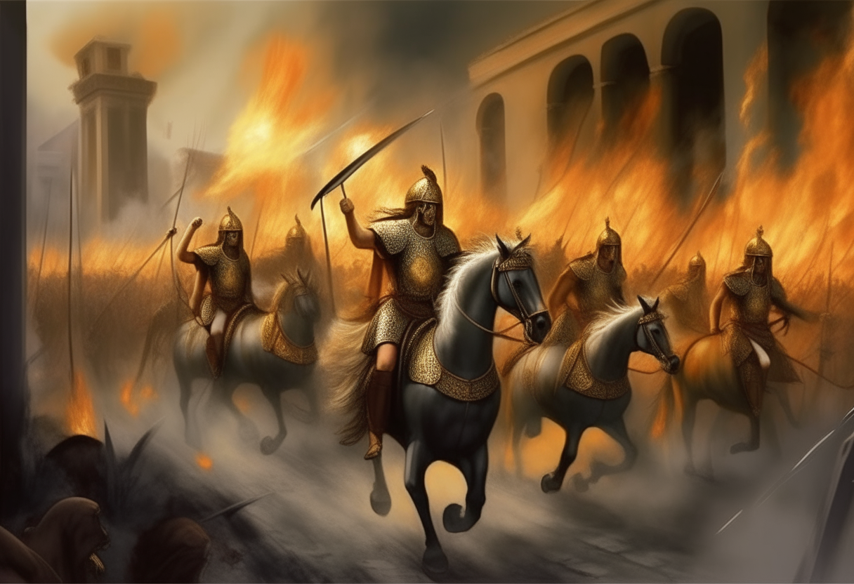 Alexander the Great on horseback leading a charge of Greek soldiers with spears and shields against Persian defenders on the streets of Persepolis, flames and smoke rising from buildings, digital painting