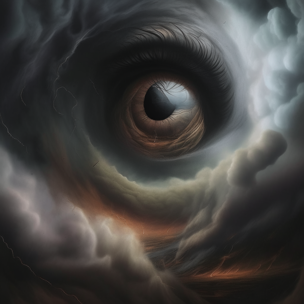 An ultra-realistic digital painting of a tornado swirling inside the iris and pupil of a human eye. The textures of the clouds and eye are rendered with impeccable detail against a black sclera. Lighting creates depth and dimension within the storm and organic surfaces.