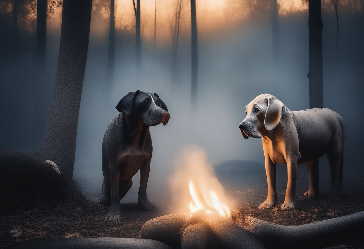 A small dog and big elephant sitting together on a log in front of a crackling bonfire on a misty winter night in a forest, looking into the distance, with more space on the right and left sides