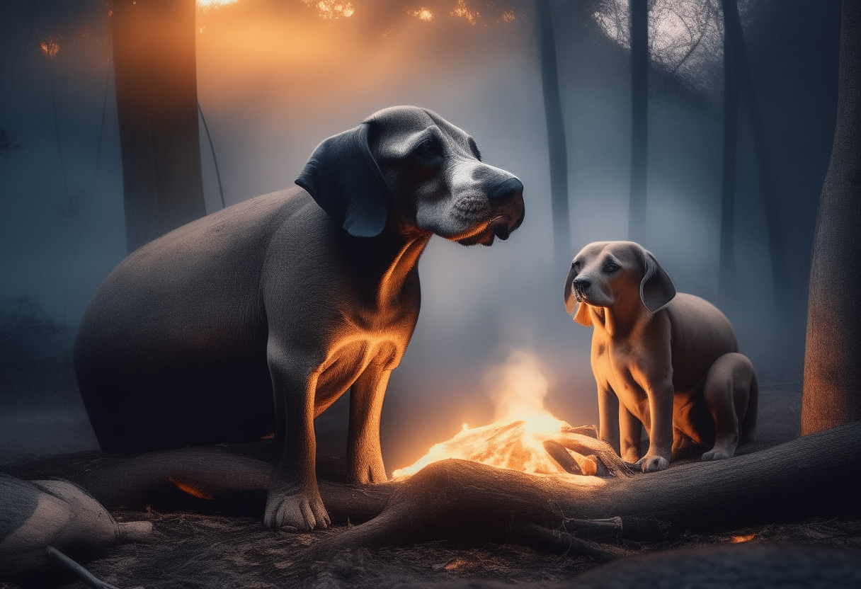 A small dog and big elephant sitting together on a log in front of a crackling bonfire on a misty winter night in a forest, with sparks and smoke rising from the fire as they look into the distance