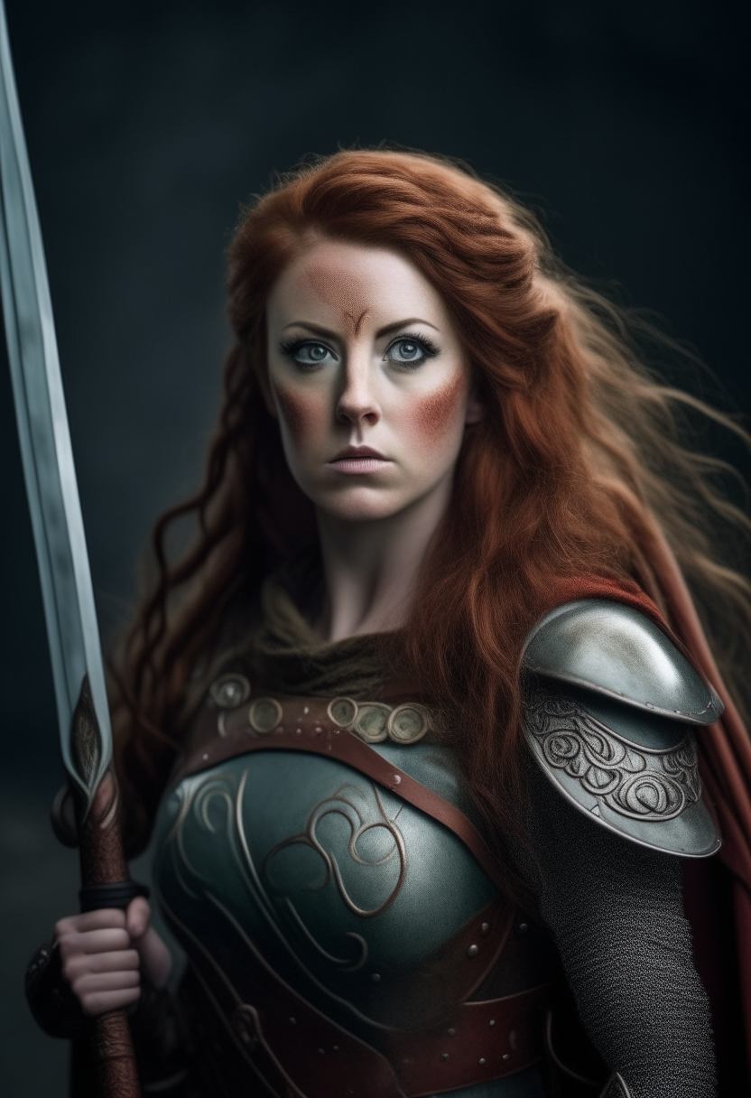 Boudica, a fierce Celtic warrior queen wearing battle armor and holding a spear, portrait