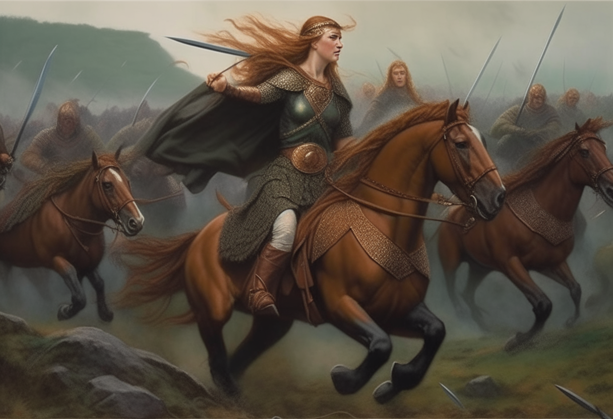 Boudica the Celtic queen leading warriors into battle against Roman soldiers on horses