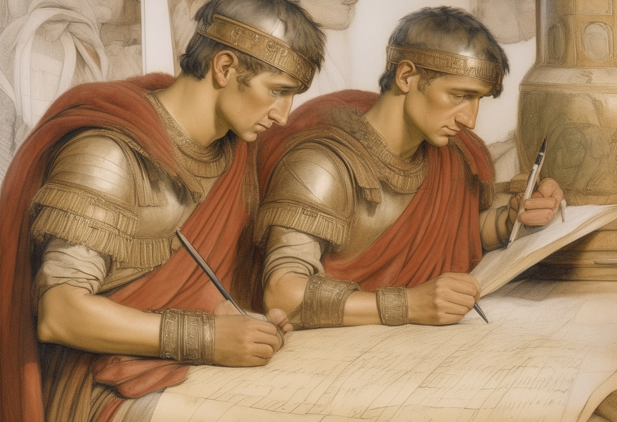 two Roman soldiers writing on scrolls, biased perspectives about Queen Boudica