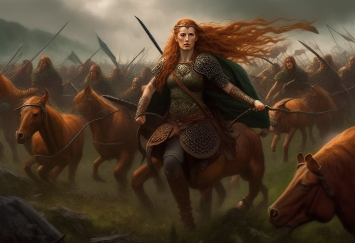 Boudica leading Celtic warriors into battle, courageous and committed to protect her people