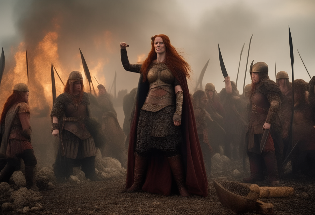Boudica standing triumphantly over defeated Roman soldiers and burning ruins